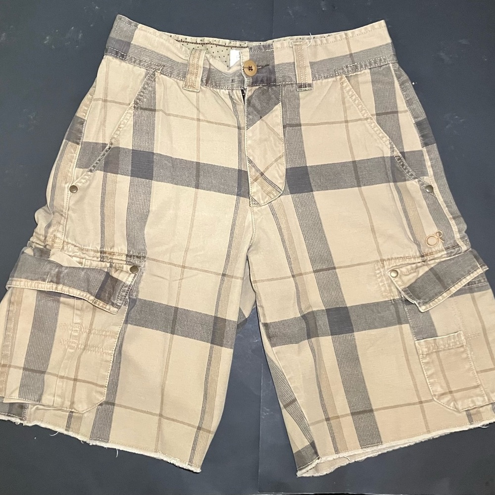 VINTAGE OP OCEAN PACIFIC PLAID CARGO SHORTS MENS 29” BEIGE Y2K SKATER EUC